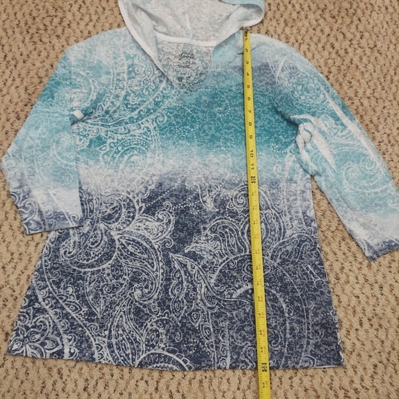 Style & Co Sport Women PM Lightweight Hoodie Blue Paisley Burnout 3/4 Sleeves - Picture 3 of 12